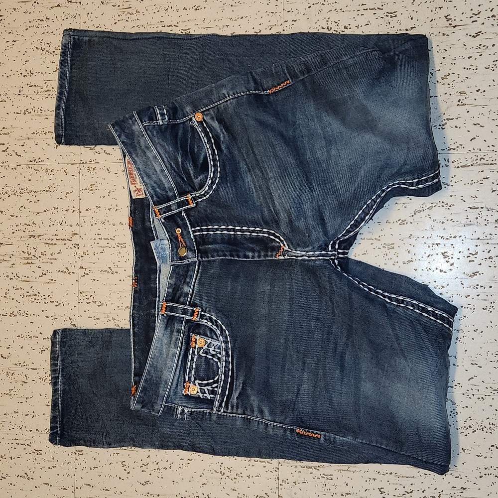 True Religion Straight Tapered Leg Dark Blue Washed Jeans with White Stitching